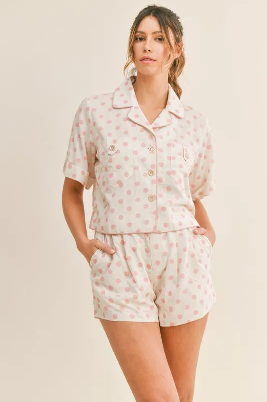 MABLE Polka Dot Collar Crop Top and Short Lounge Set Pink Easy Apparels