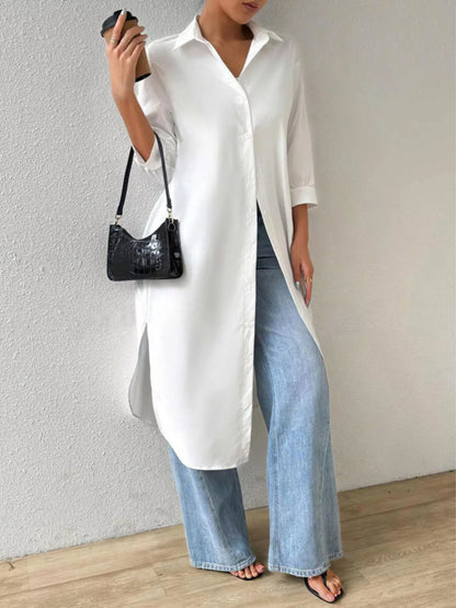 Trendsi Button-Up Long Sleeve Longline Shirt White