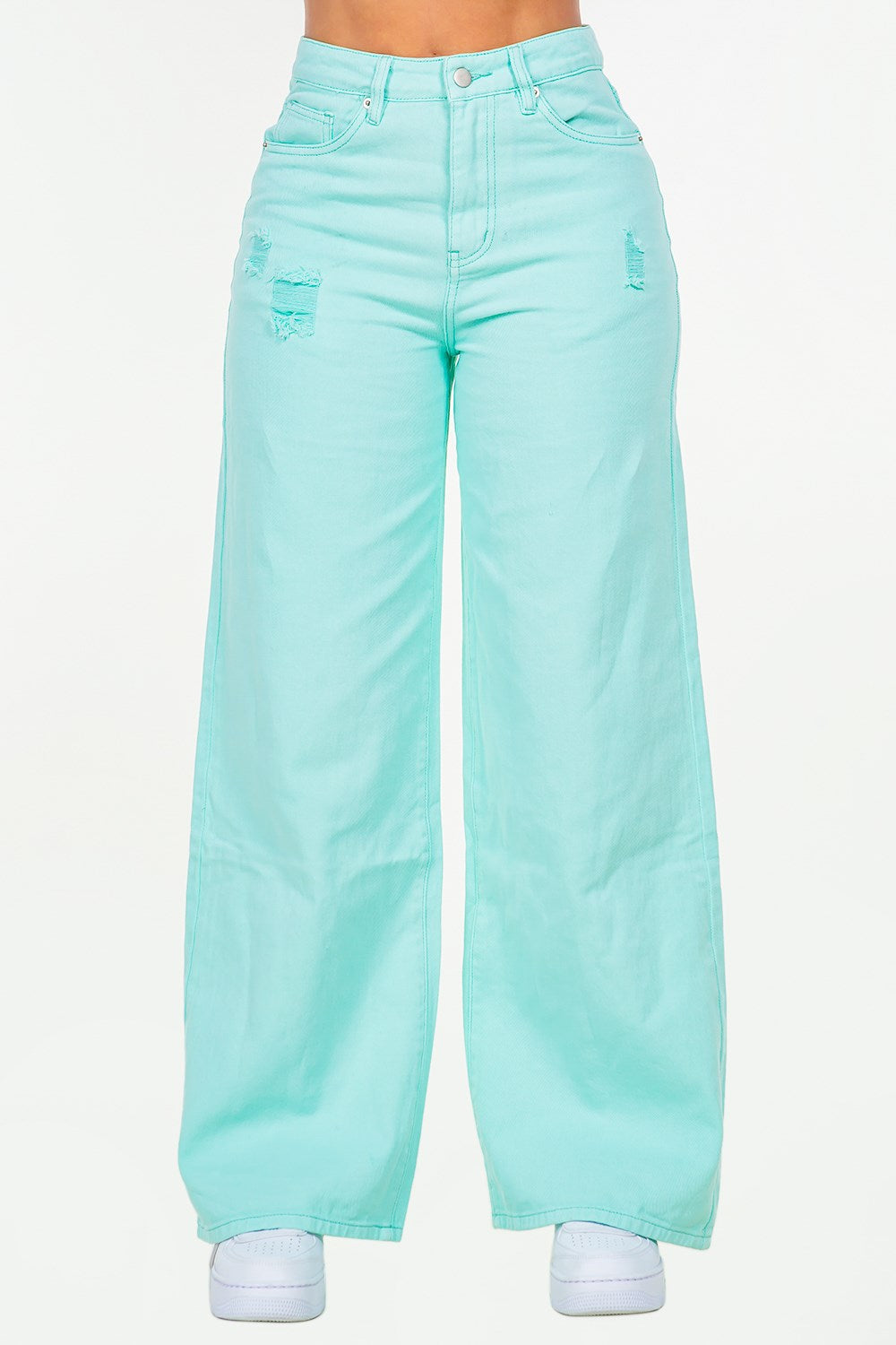 Trendsi American Bazi High Waist Distressed Wide Leg Jeans Mint Blue