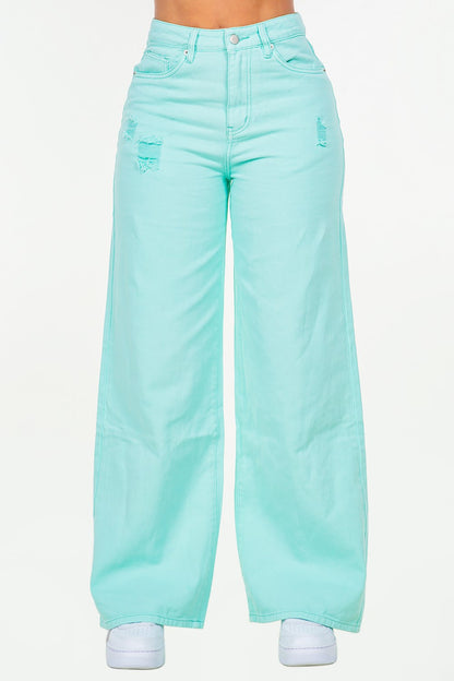 Trendsi American Bazi High Waist Distressed Wide Leg Jeans Mint Blue