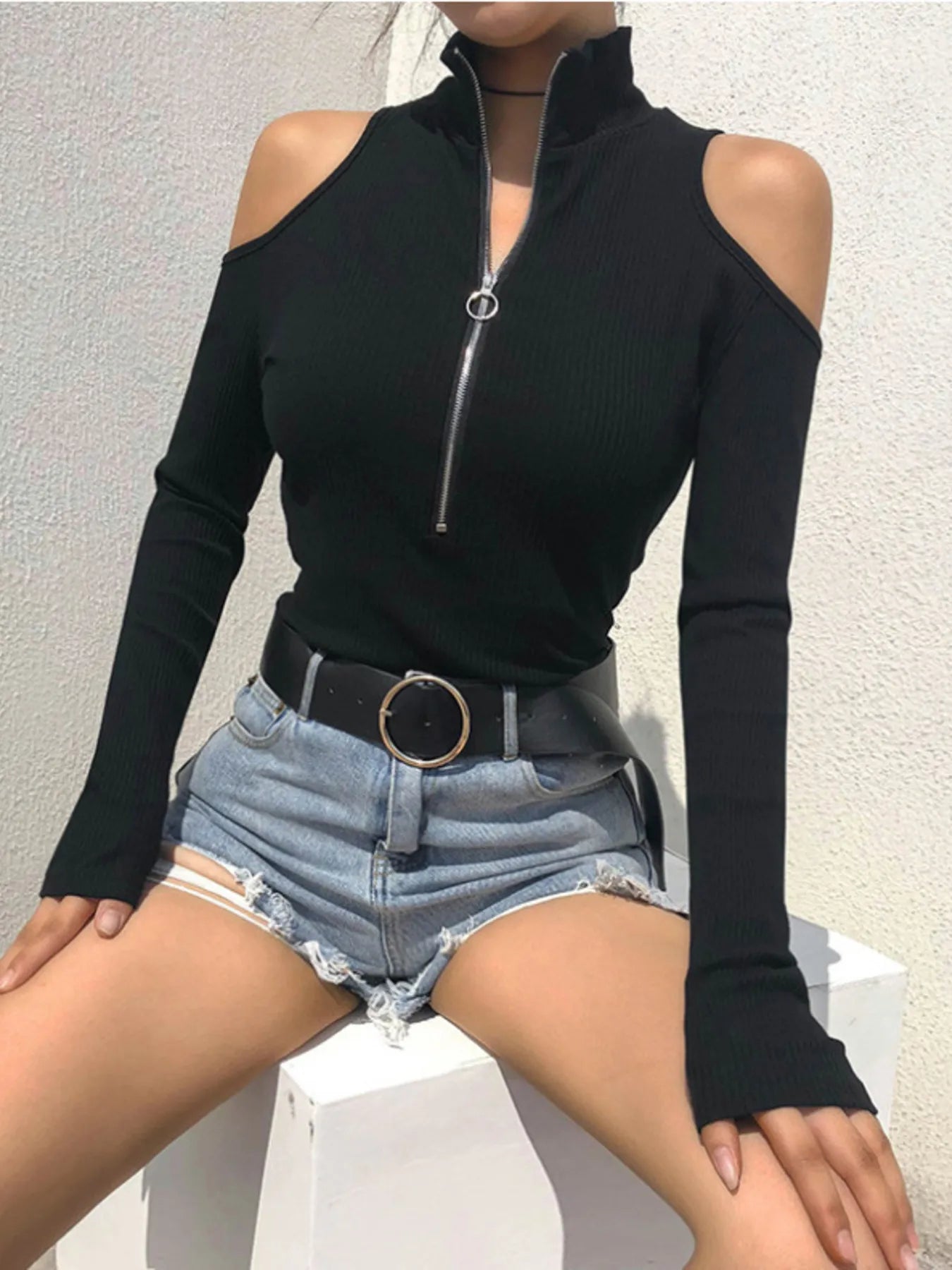Trendsi Zip Front Cold Shoulder Bodysuit