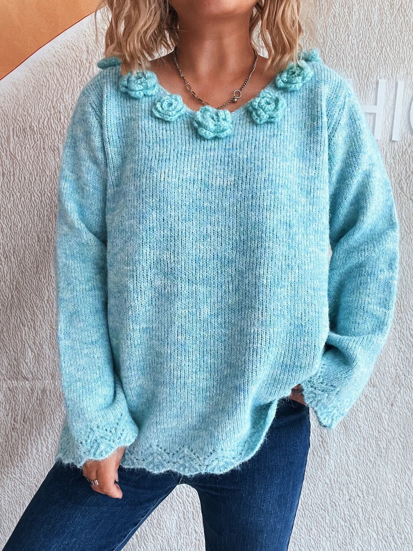 Trendsi Flower V-Neck Long Sleeve Sweater