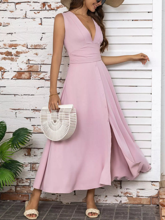 Full Size Slit V-Neck Sleeveless Dress Plus Size Pink Easy Apparels