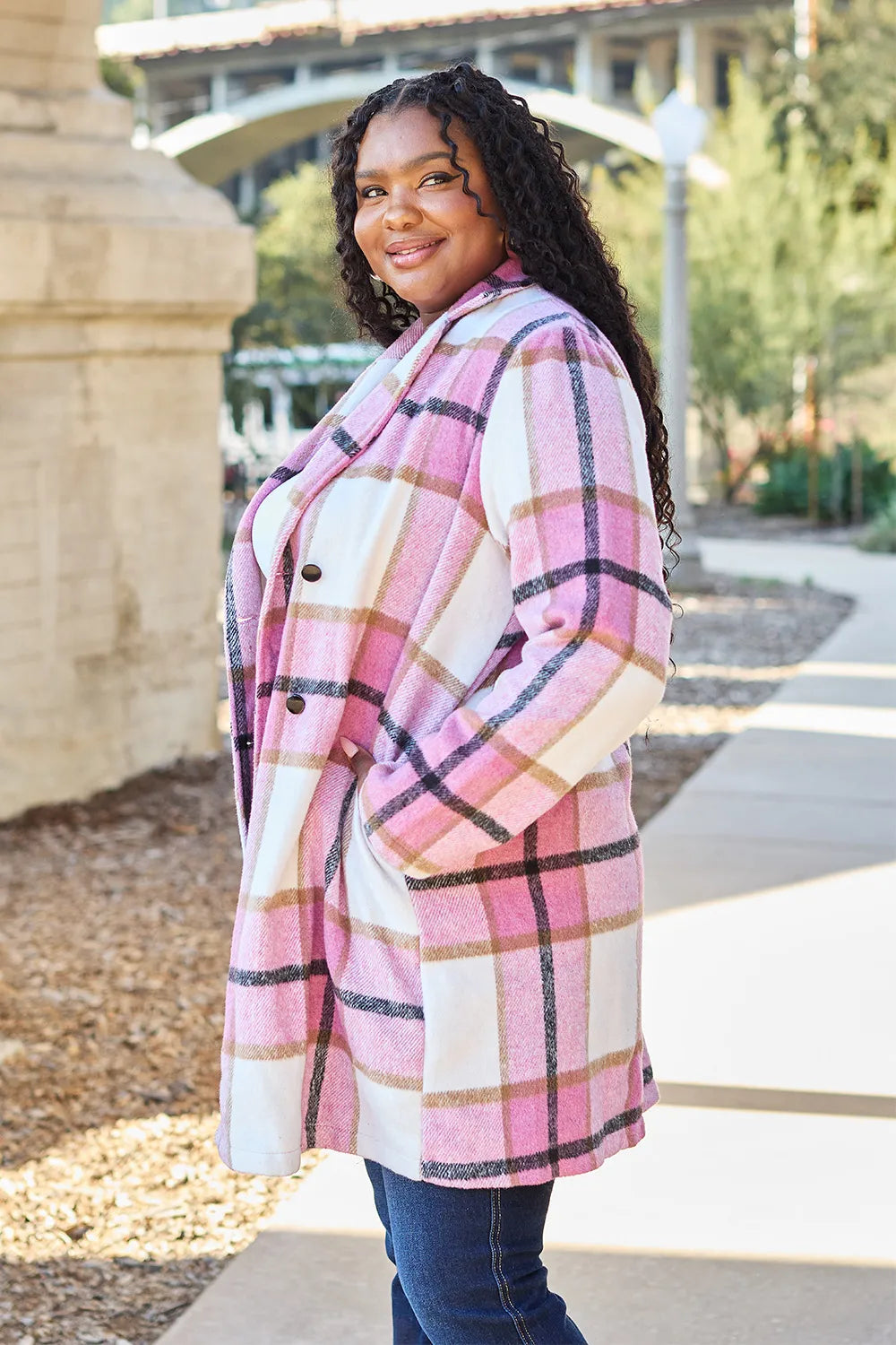 Double Take Full Size Plaid Button Up Lapel Collar Coat Easy Apparels