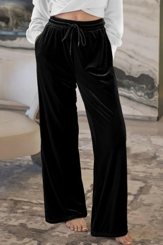 Drawstring Waist Wide Leg Active Pants Black Easy Apparels