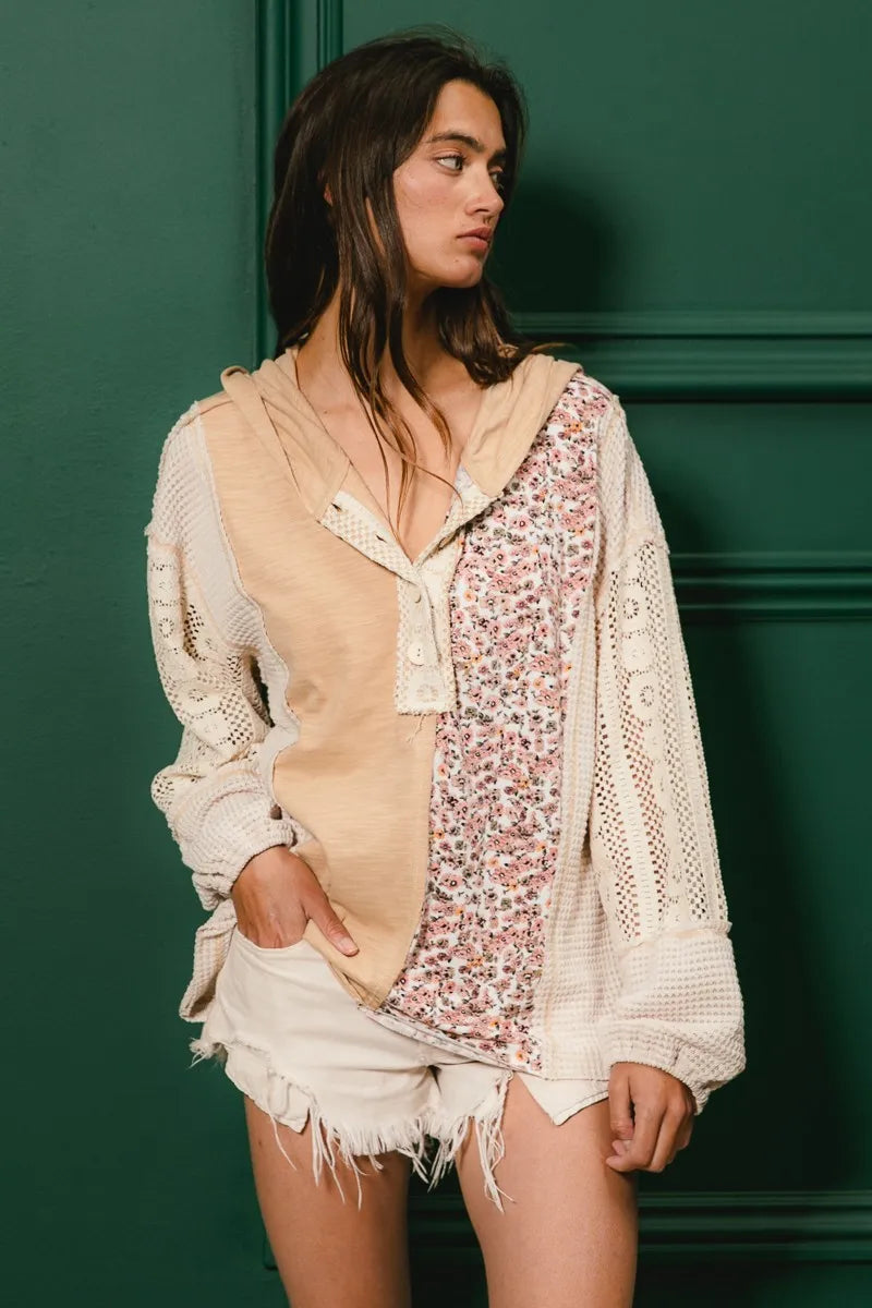 Trendsi BiBi Slub Jersey with Lace Combo Buttoned Hoodie Top