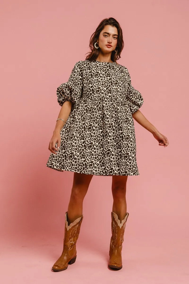 BiBi Leopard Denim Dress With Back Contrast Tie Detail Easy Apparels