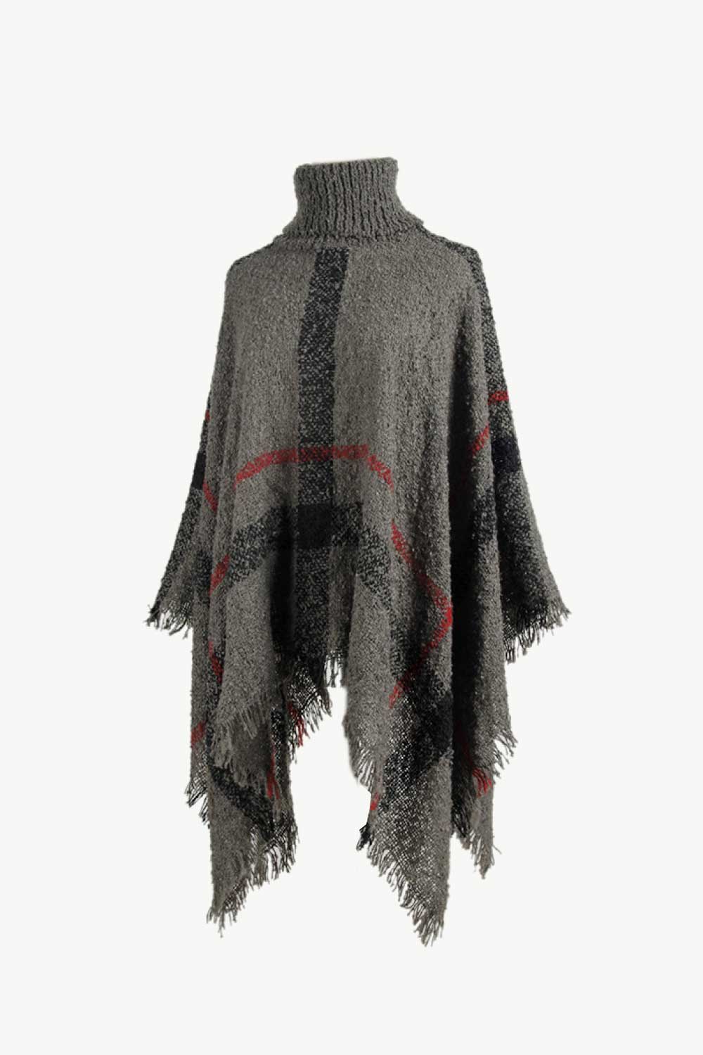 Plaid Turtleneck Raw Hem Poncho Easy Apparels
