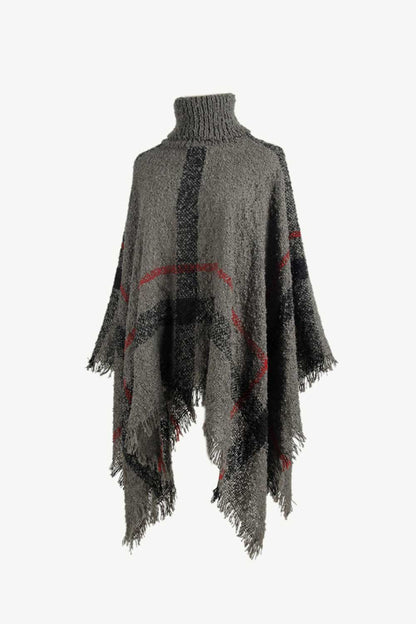 Plaid Turtleneck Raw Hem Poncho Easy Apparels