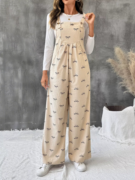 Bow Wide Leg Corduroy Overalls Apricot Easy Apparels