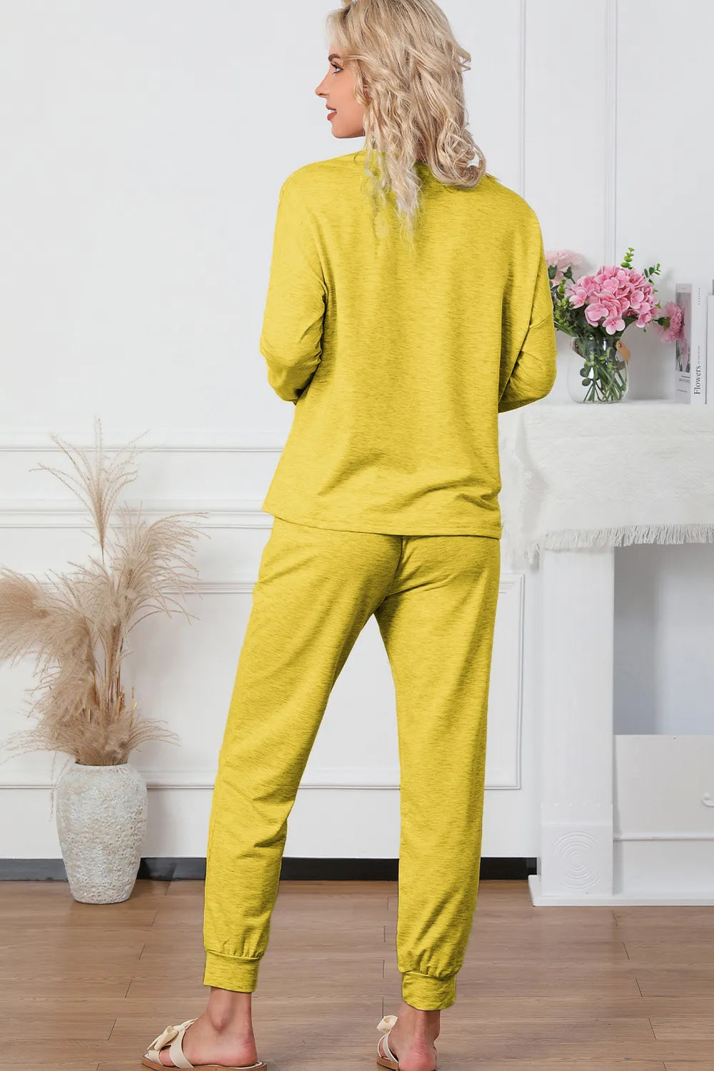 Round Neck Top and Drawstring Pants Lounge Set Easy Apparels