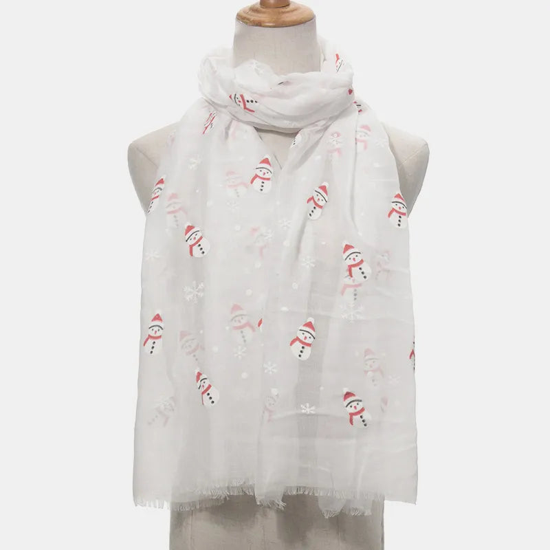 Fringe Snowman Polyester Scarf White One Size Easy Apparels