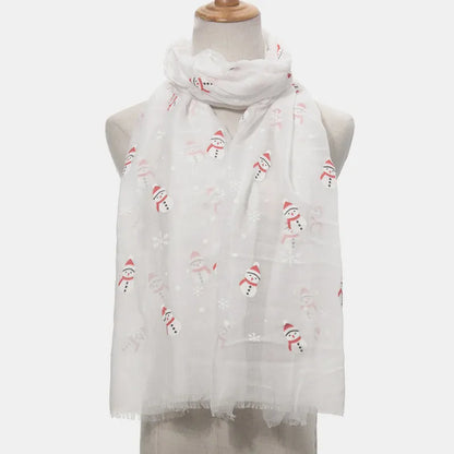 Fringe Snowman Polyester Scarf White One Size Easy Apparels