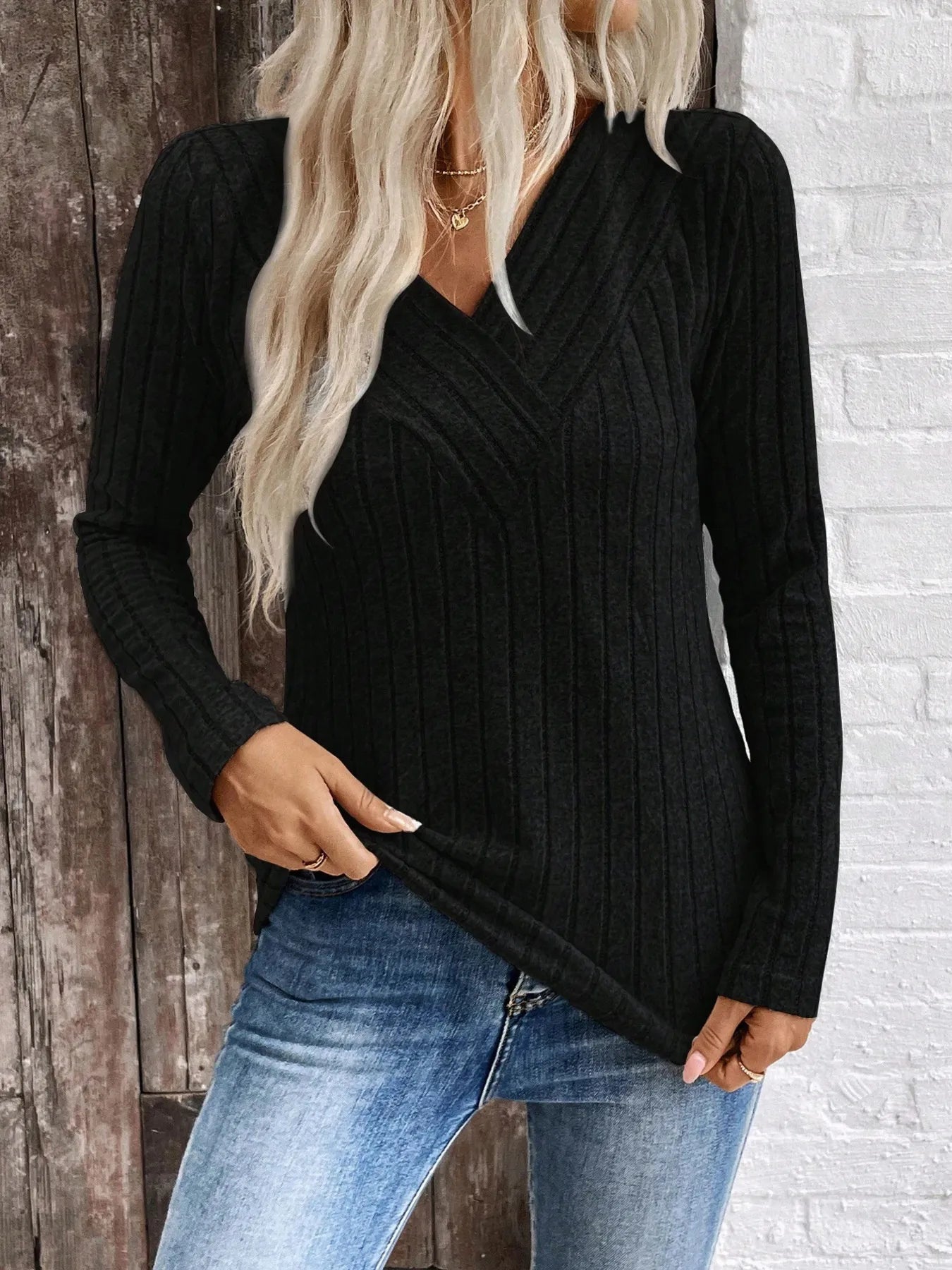Trendsi Ribbed V-Neck Long Sleeve Knit T-Shirt