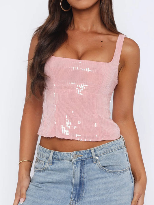 Trendsi Sequined Cropped Cami Top with Back Zipper Pink