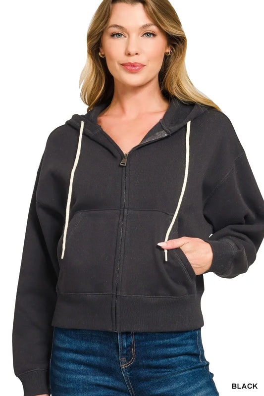 Zenana Fleece Cropped Zip-up Hoodie with Pockets Easy Apparels