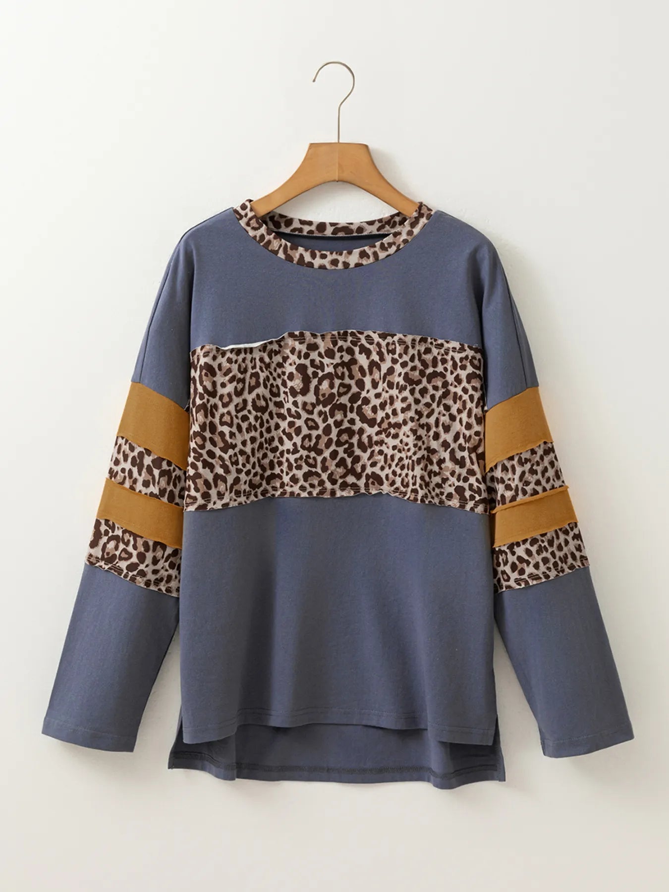 Trendsi Leopard Color Block Long Sleeve Drop Shoulder Top