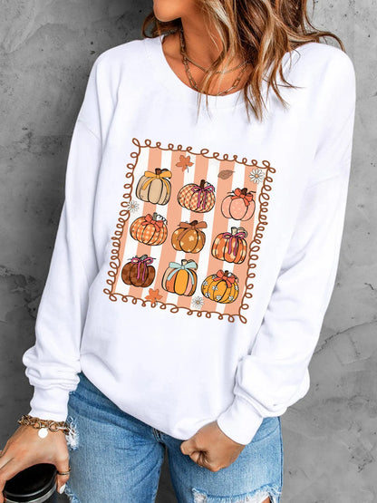 Trendsi Pumpkin Graphic Round Neck Sweatshirt White