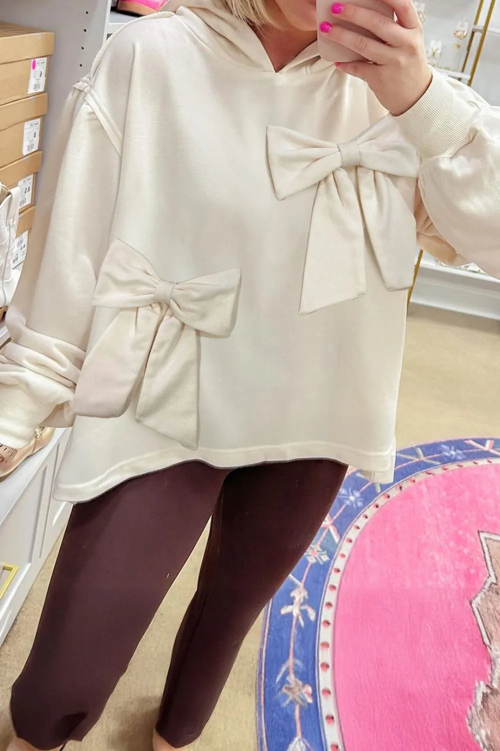 Trendsi Bow Detail Dropped Shoulder Oversized Hoodie Cream