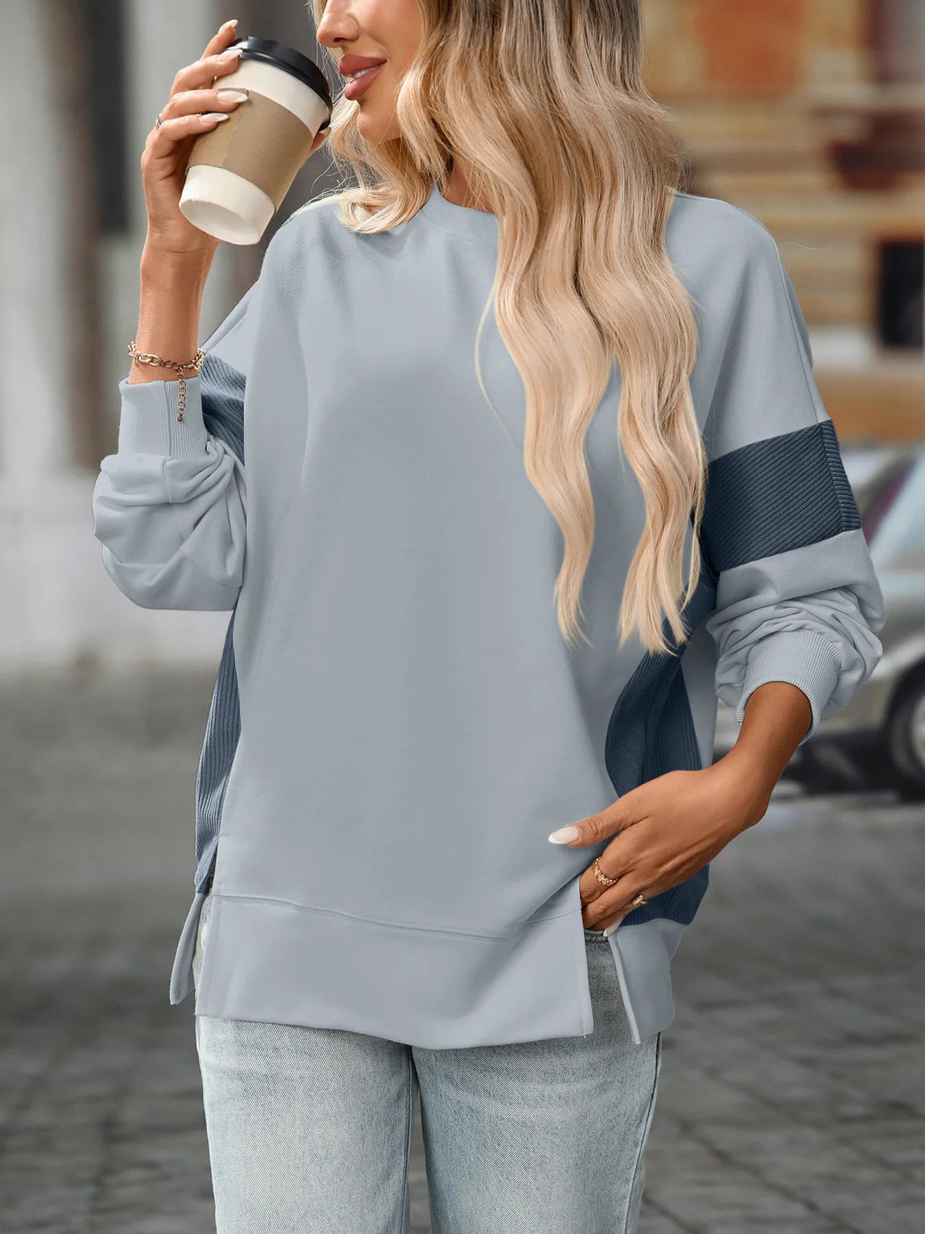 Trendsi Slit Round Neck Long Sleeve Sweatshirt