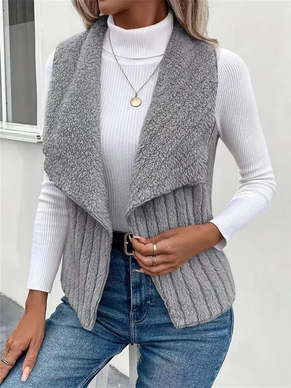 Open Front Fuzzy Vest Coat Easy Apparels