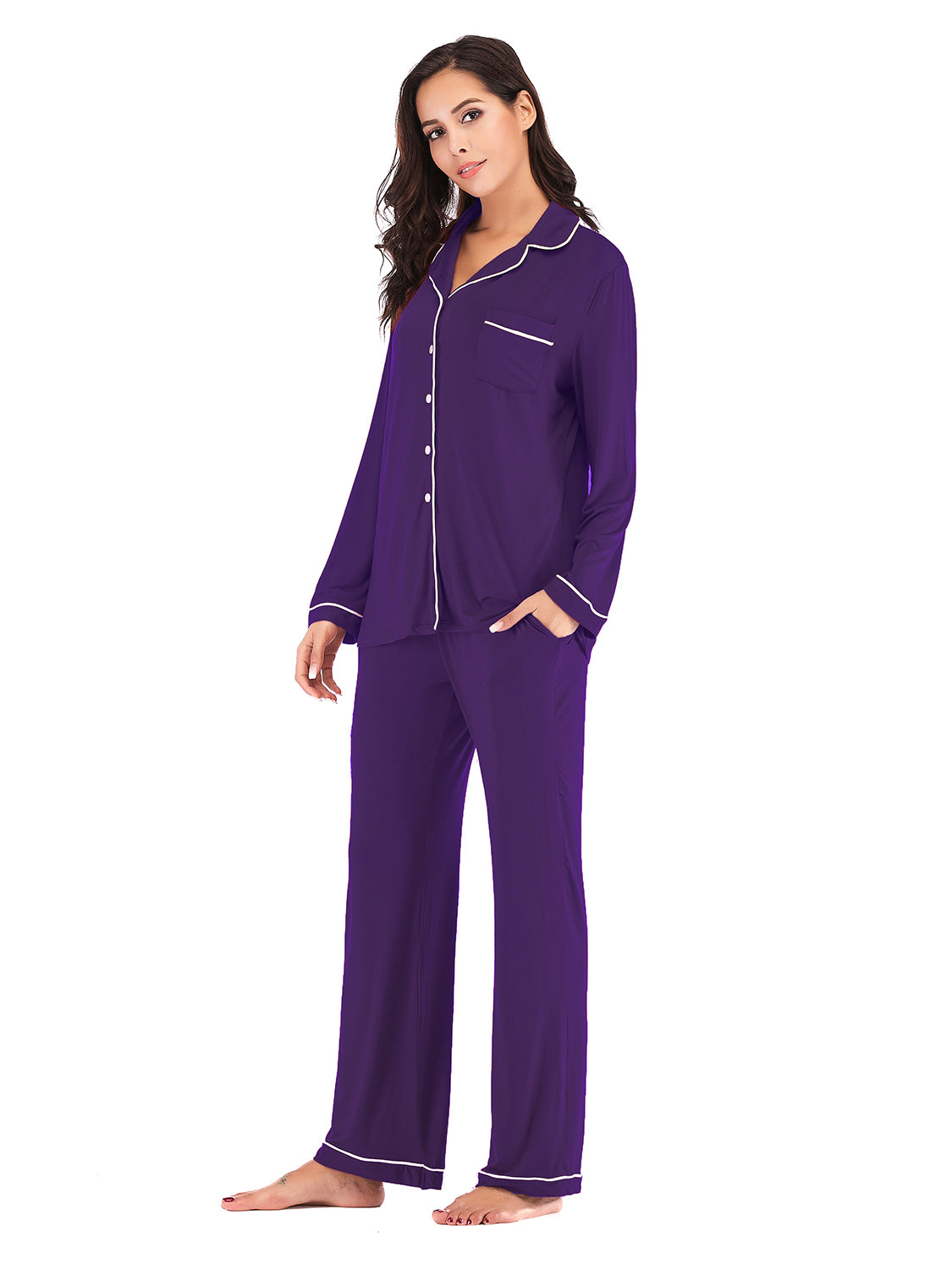 Collared Neck Long Sleeve Loungewear Set with Pockets Easy Apparels