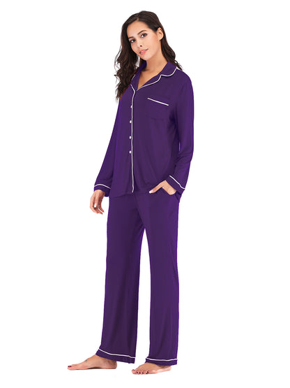 Collared Neck Long Sleeve Loungewear Set with Pockets Easy Apparels
