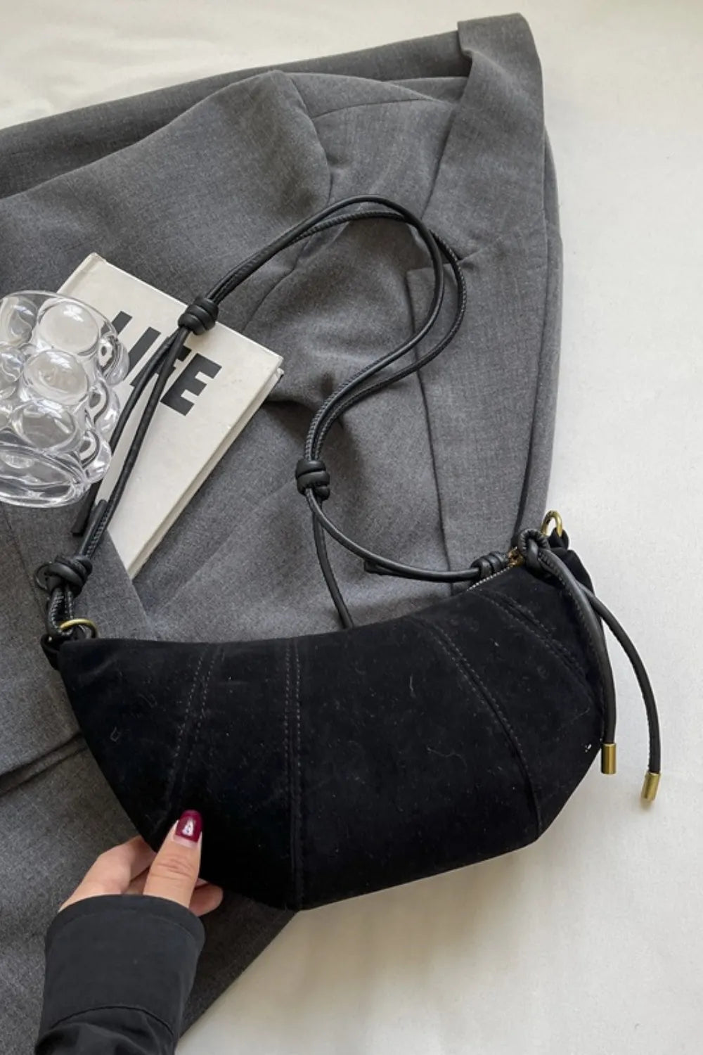 PU Leather Strap Suede Shoulder Bag Black One Size Easy Apparels