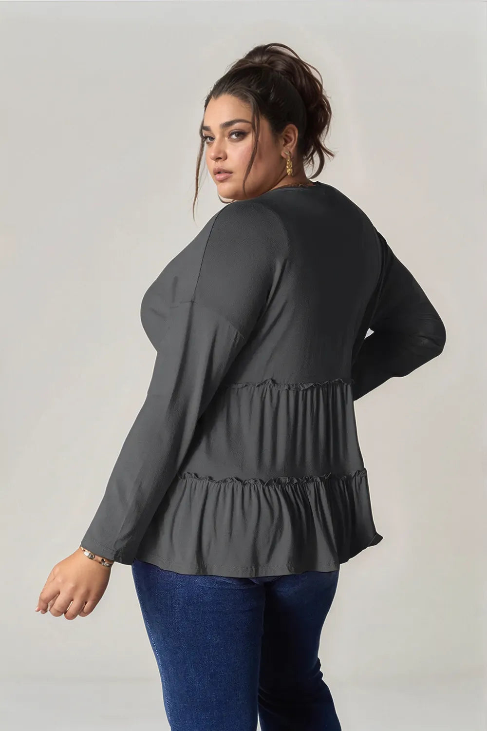 Trendsi Double Take Half Button Long Sleeve Ruffle Hem Blouse