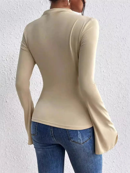 Trendsi Bell Sleeve Ruched Fitted T-Shirt with Mock Neck