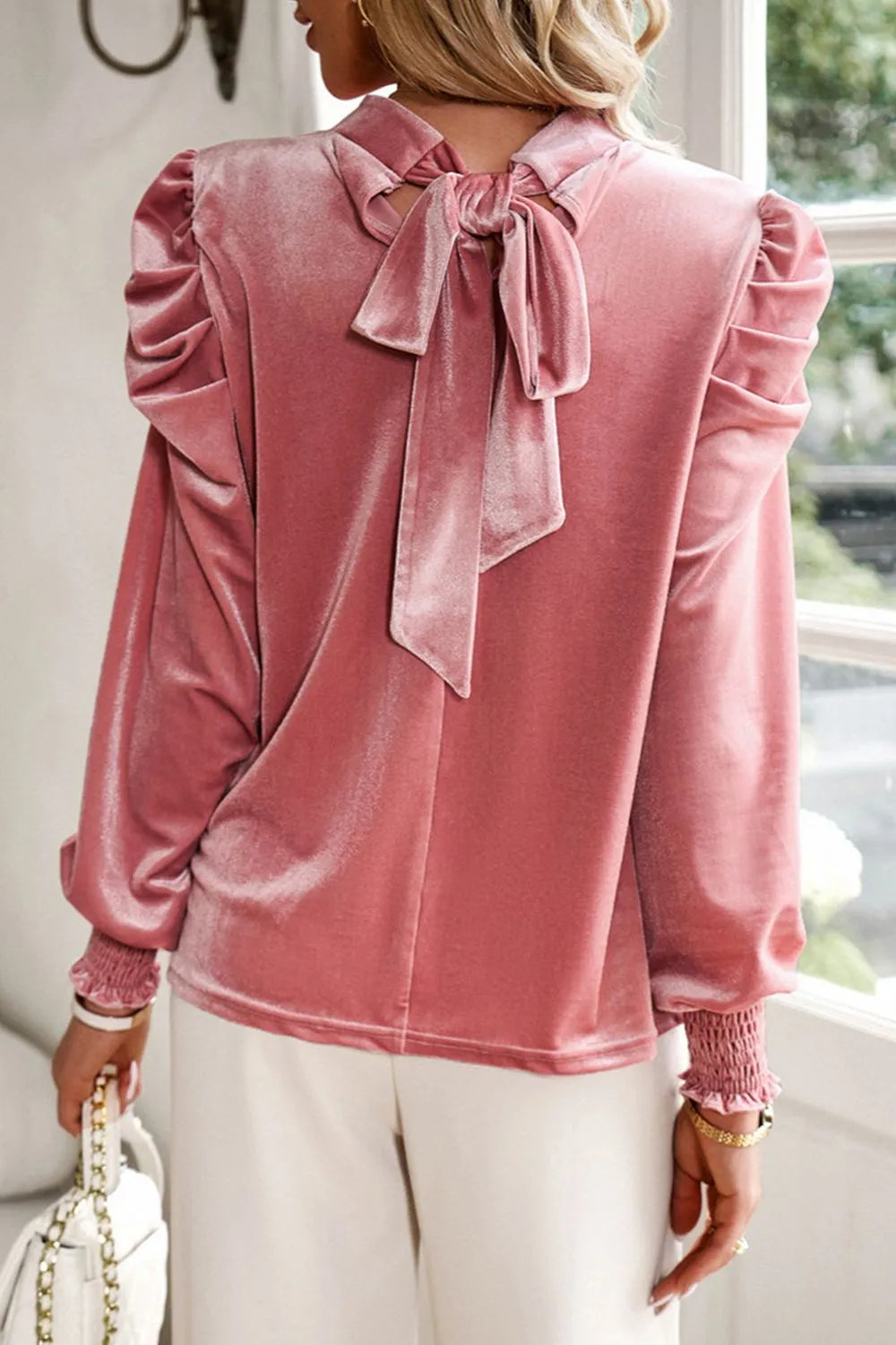 Trendsi Tie Up Mock Neck Velvet Fabric Long Sleeve Blouse