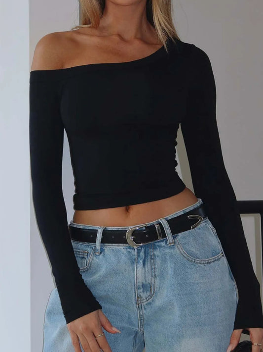 Trendsi One Shoulder Long Sleeve Crop T-Shirt Black