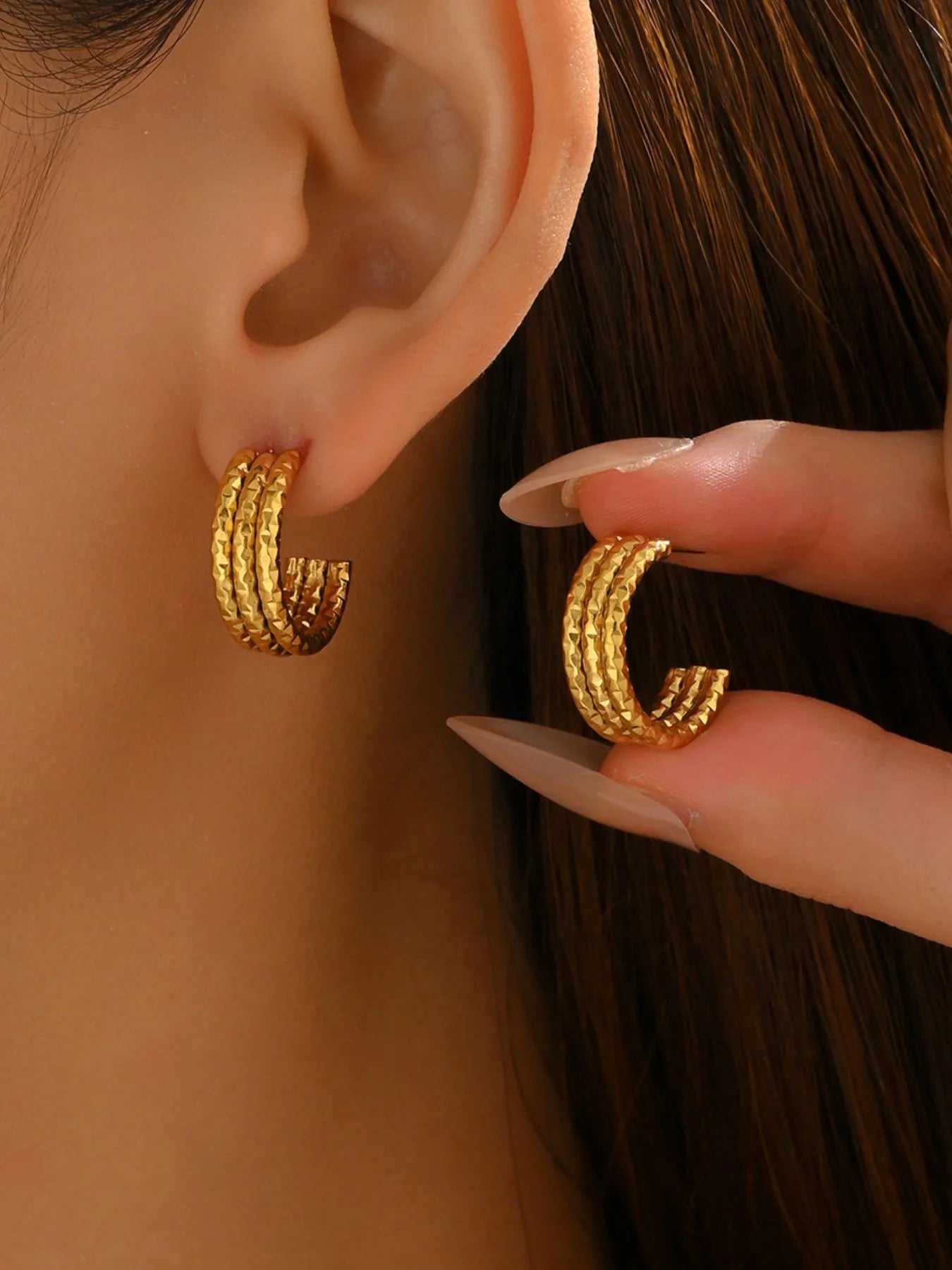 18K Gold-Plated Textured Triple Band Hoop Earrings Gold One Size Easy Apparels