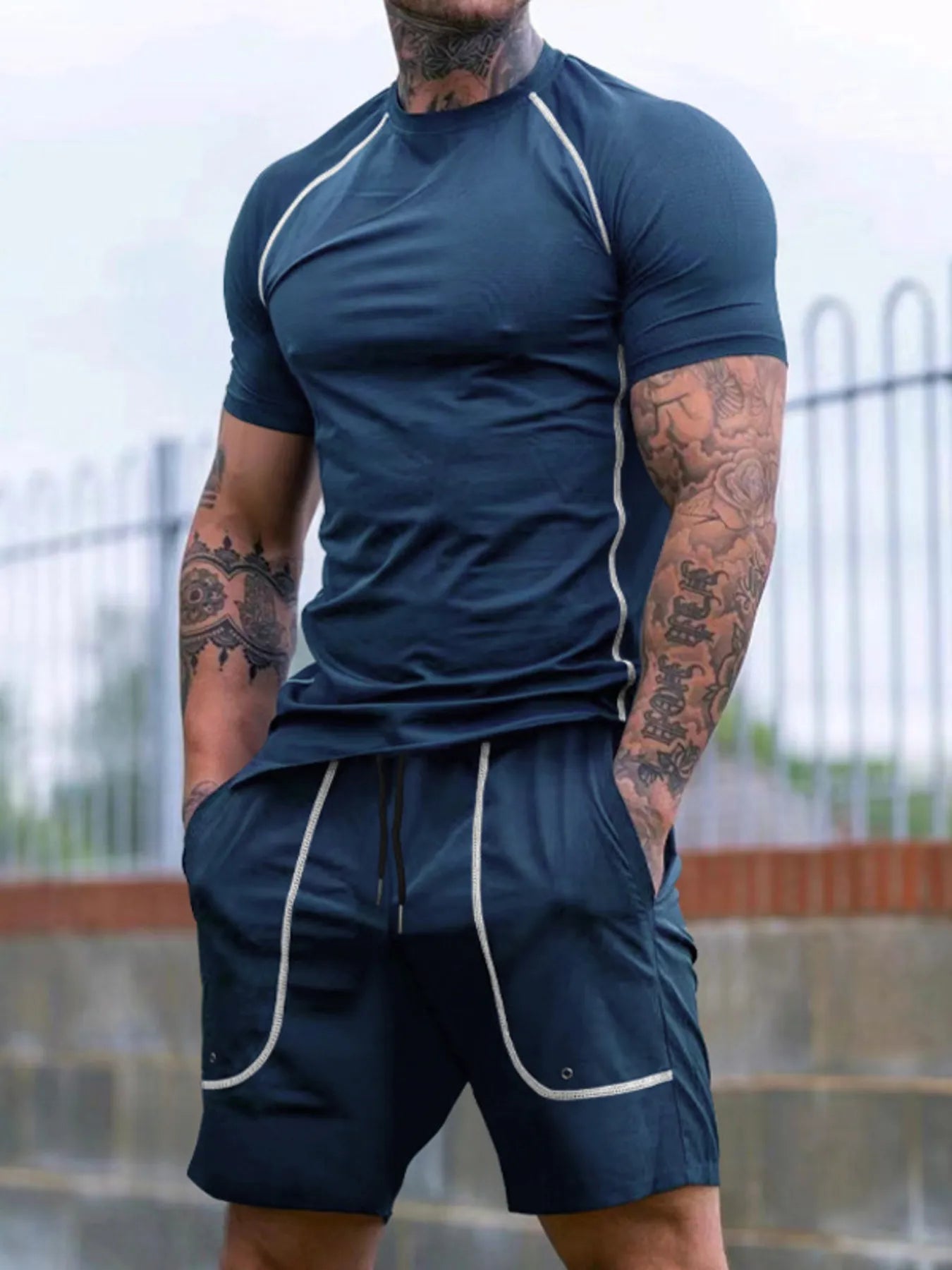 Men's Full Size Round Neck Short Sleeve T-Shirt and Shorts Set Plus Size Navy Blue Easy Apparels