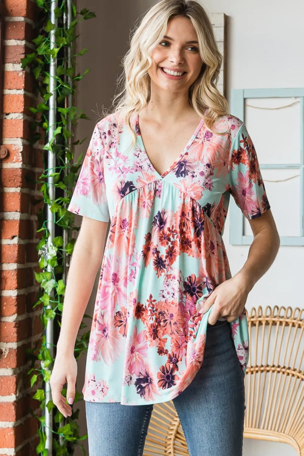 Trendsi Heimish Full Size Floral V-Neck Short Sleeve Babydoll Blouse