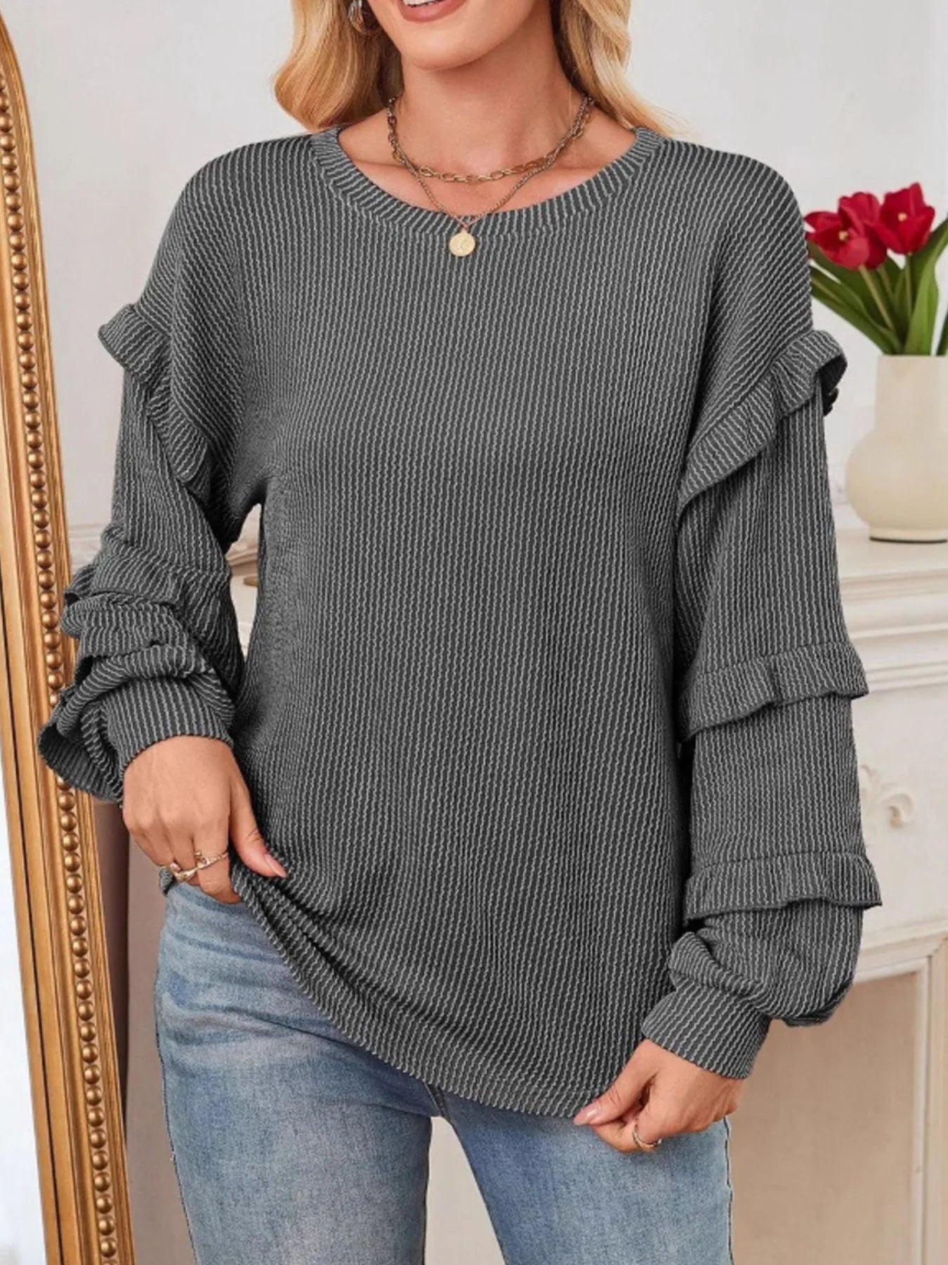 Trendsi Ruffled Round Neck Long Sleeve Sweatshirt