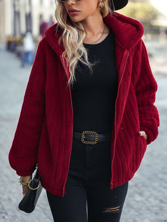 Zip-Up Hooded Jacket with Pockets Wine Easy Apparels