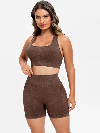 Scoop Neck Wide Strap Top and Shorts Active Set Dark Brown Easy Apparels