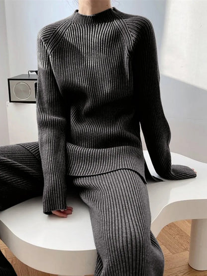 Mock Neck Raglan Sleeve Top and Pants Sweater Set Easy Apparels