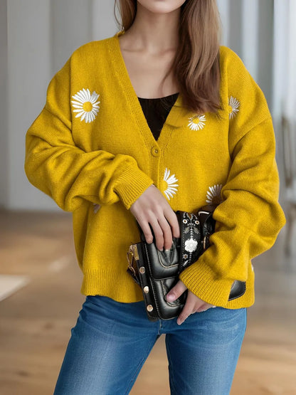 Daisy Button Up V-Neck Cardigan Easy Apparels