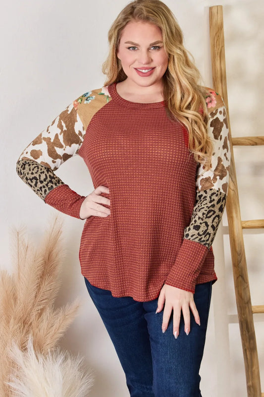Trendsi Hailey & Co Full Size Leopard Waffle-Knit Blouse RUST