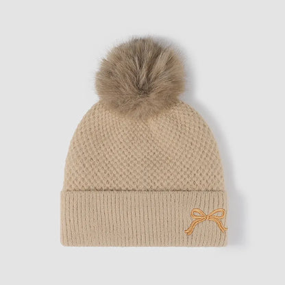 Thermal Bow Knit Hat with Pompom Tan One Size Easy Apparels