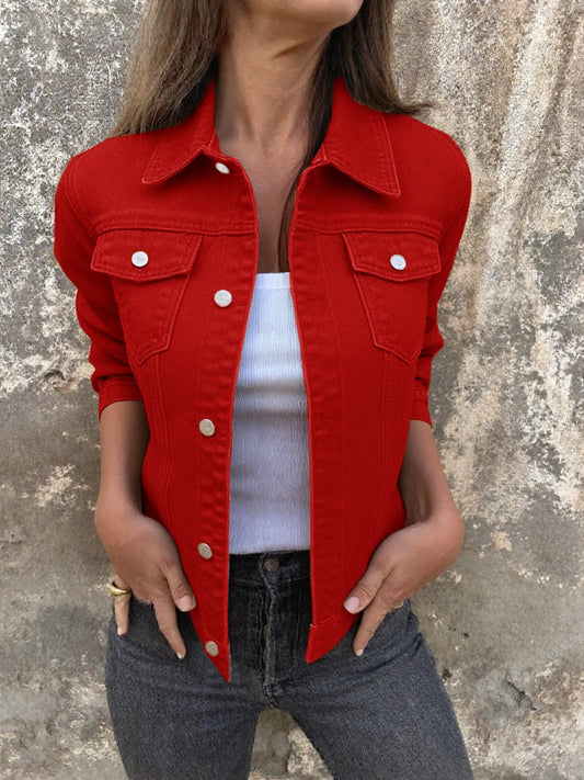Button Front Closure Denim Jacket Red Easy Apparels