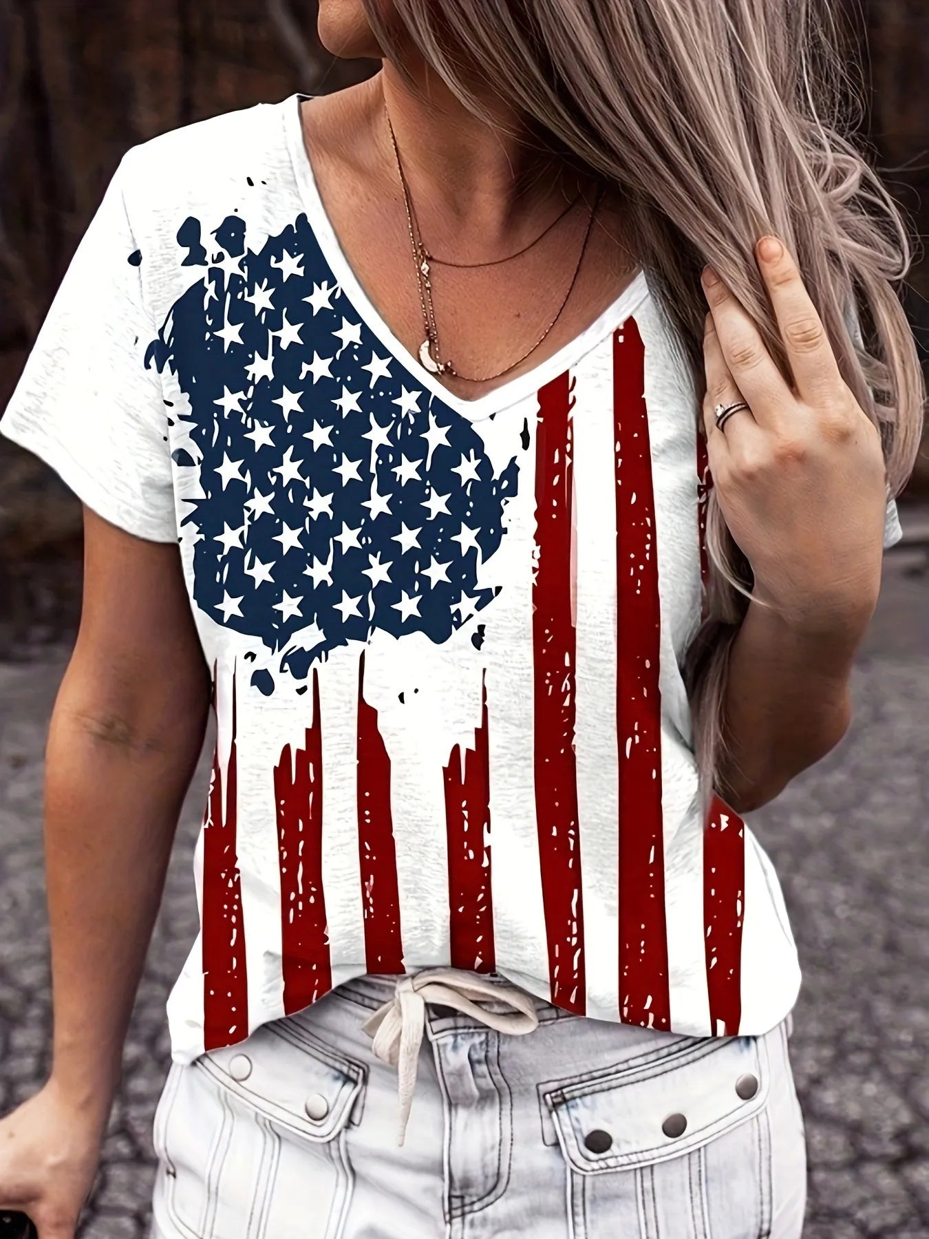 Trendsi American Flag V-Neck Short Sleeve T-Shirt White