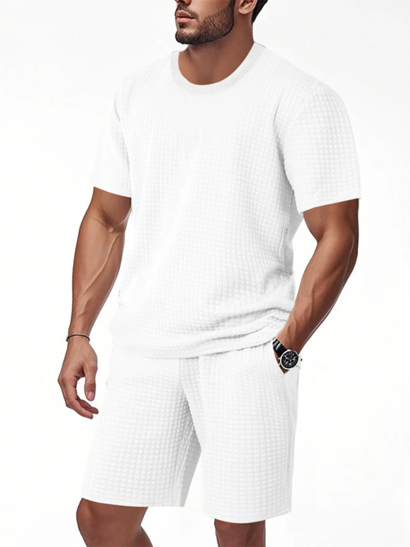 Men's Full Size Textured Round Neck Top and Shorts Set Plus SIze White Easy Apparels