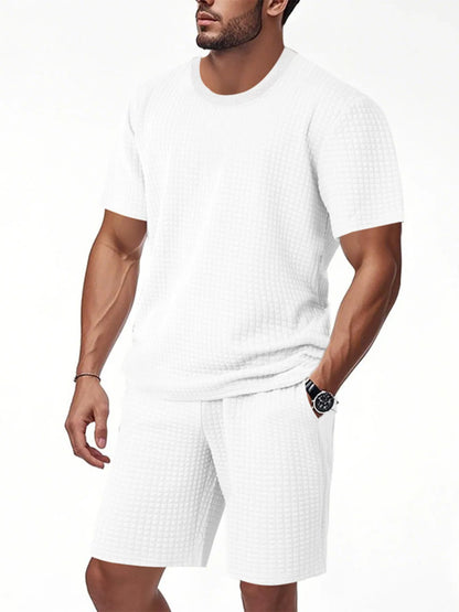 Men's Full Size Textured Round Neck Top and Shorts Set Plus SIze White Easy Apparels