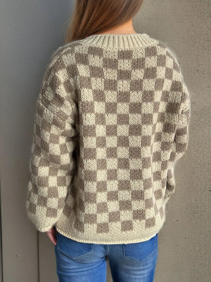 Checkered Button Up Round Neck Cardigan Easy Apparels