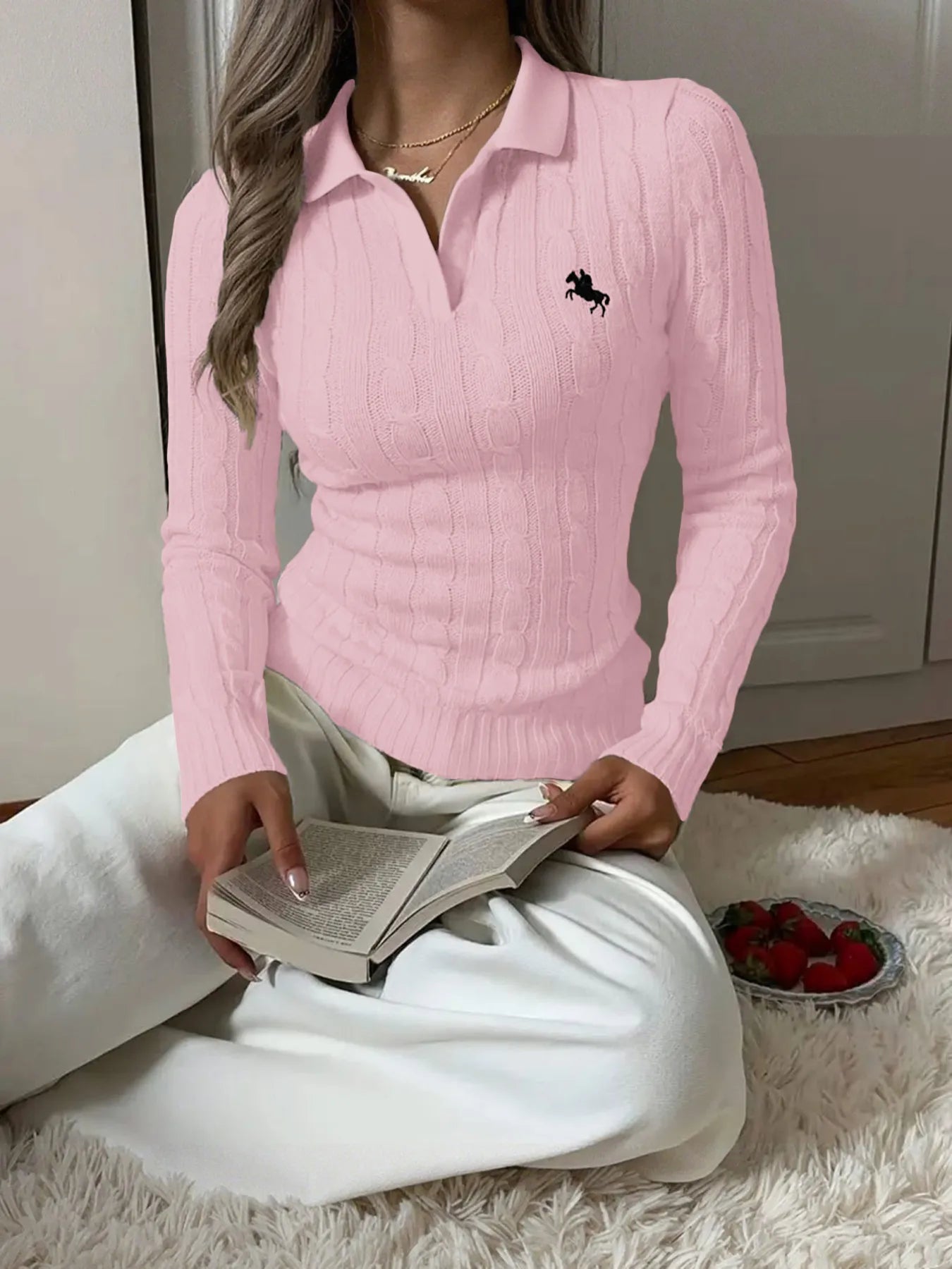 Trendsi Cable Knit Long Sleeve Sweater Pink