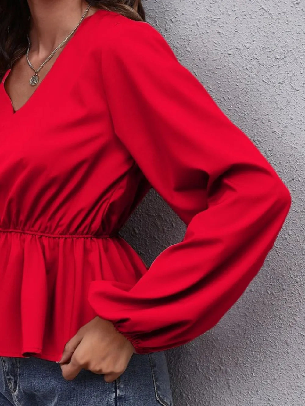 Trendsi V-Neck Balloon Sleeve Peplum Blouse