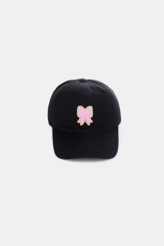 Zenana Ribbon Bow Chenille Patch Baseball Cap Black One Size Easy Apparels